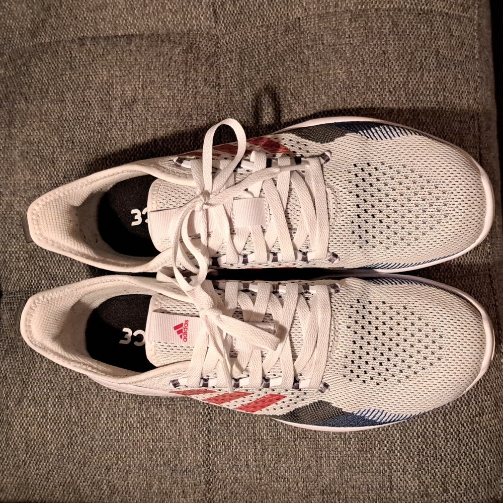 Adidas sneakers, white with red adidas stripes, blue and gray, size 11